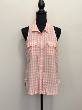 aerie Gingham Sleeveless Button-Up Blouse Womens L Checkered Cottagecore Orange